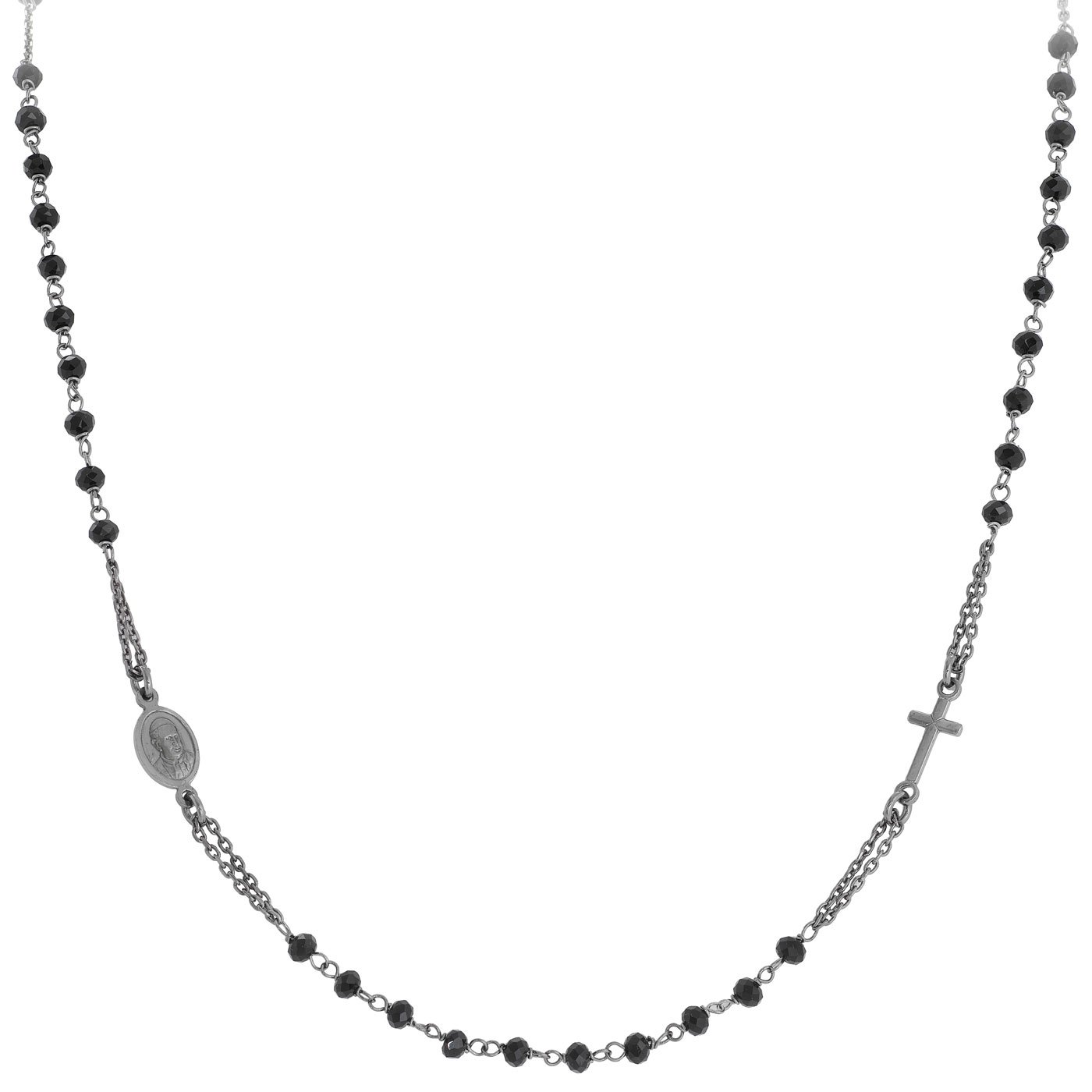 Necklace ‘Cross and Our lady of the Miracle’. Sterling silver 925 and black crystal.  AMEN