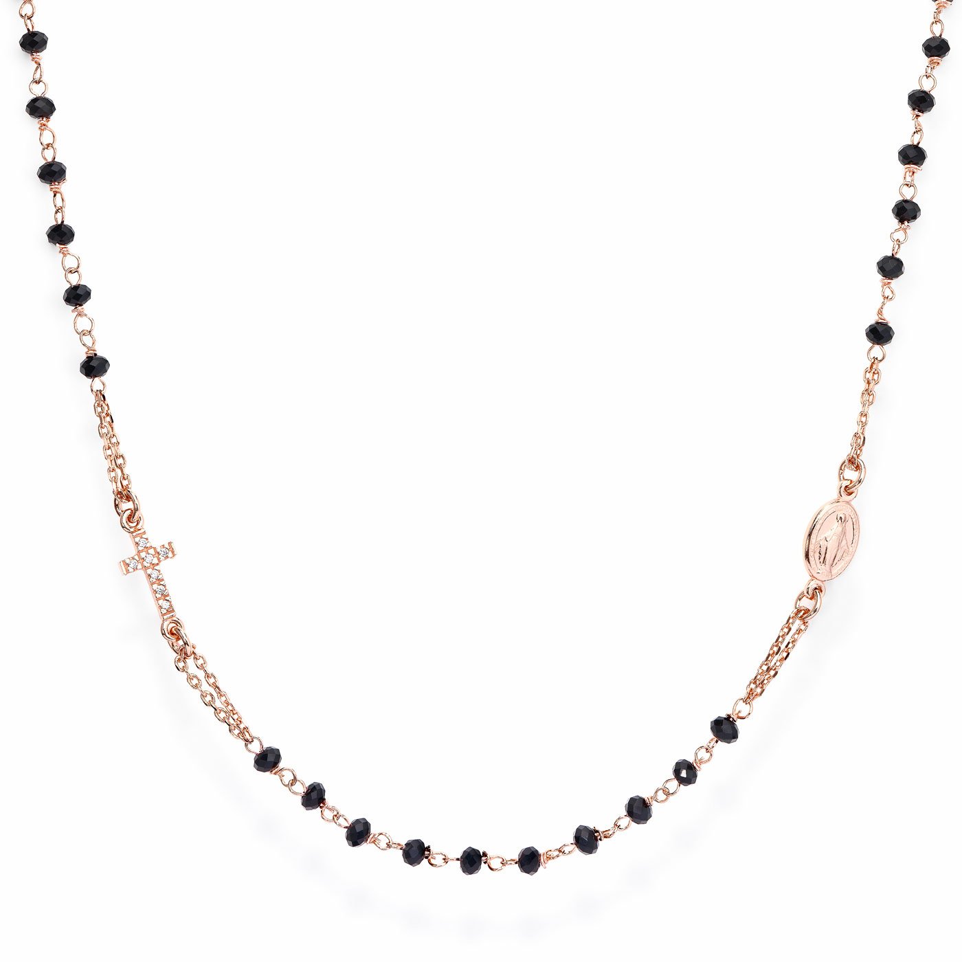 Necklace ‘Cross and Our lady of the Miracle’. Sterling silver 925 and black crystal.  AMEN