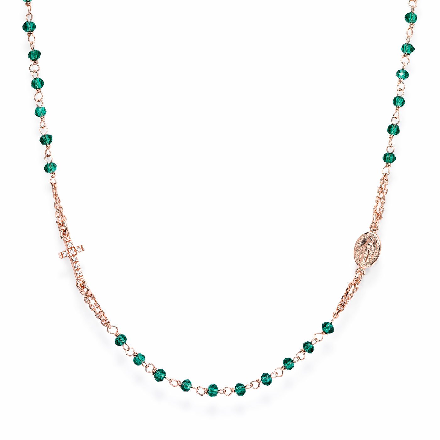 Necklace ‘Cross and Our lady of the Miracle’. 925 sterling silver and green crystal. AMEN