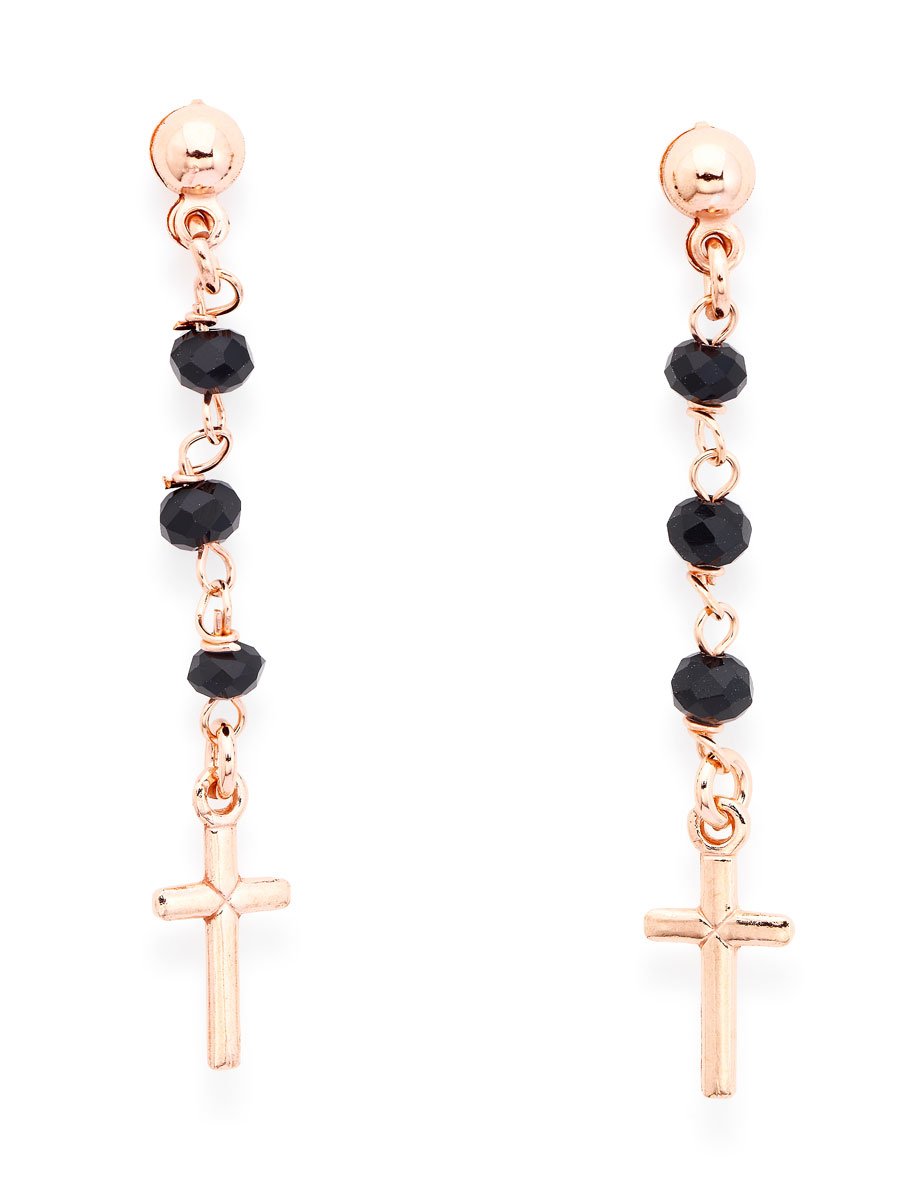 Pendientes Cruz. Plata de ley 925 y cristal negro, rosa. AMEN