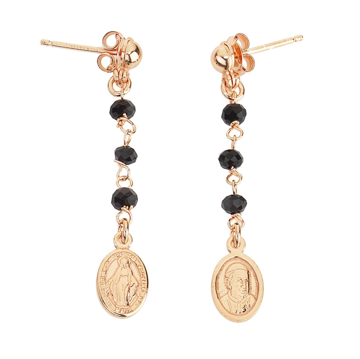 Pendientes Virgen Milagrosa y el Papa Francisco. Plata de ley 925 y cristal negro, rosa. AMEN