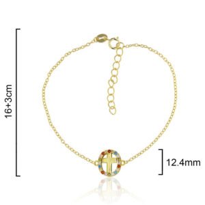 Pulsera. Cruz con circonitas colores. Plata de ley