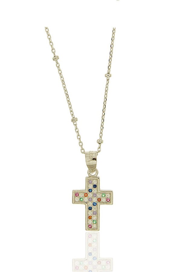 Gargantilla. Cruz con circonitas colores. Plata de ley