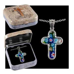 Colgante cruz metal y cristal de murano