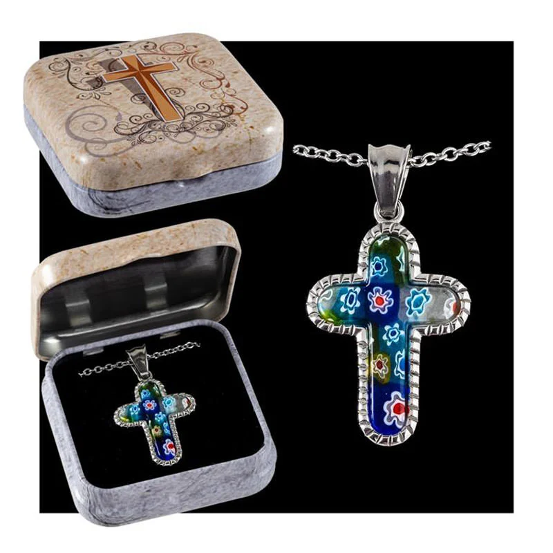 Colgante cruz metal y cristal de murano