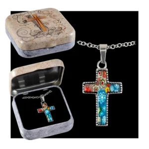 Colgante cruz metal y cristal de murano