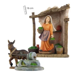 Conjunto de pastora, burro, molino y establo. 16 cm.