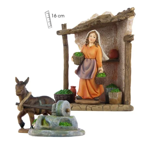 Set of shepherdess, donkey, mill and stable. 16 cm.